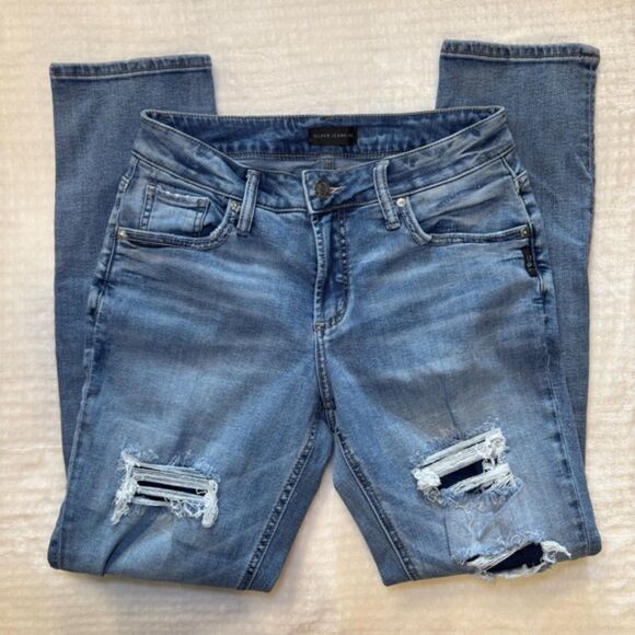 Silver Boyfriend Denim Jeans Distressed With patches Western Glove Works Size 27 - Picture 8 of 9